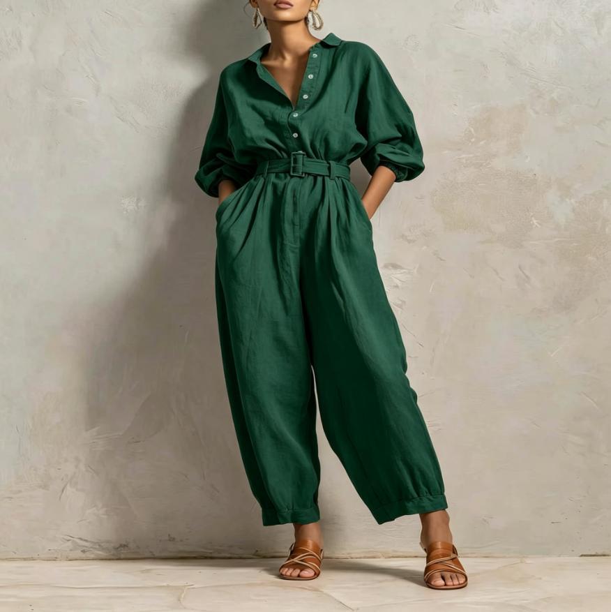 Women's Button Belt Solid Color Slim Fit Women's Jumpsuit/clothing