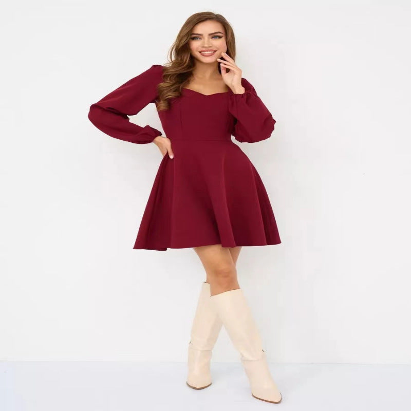 Women's Fashion Casual Solid Color Long-sleeved Bubble Dress