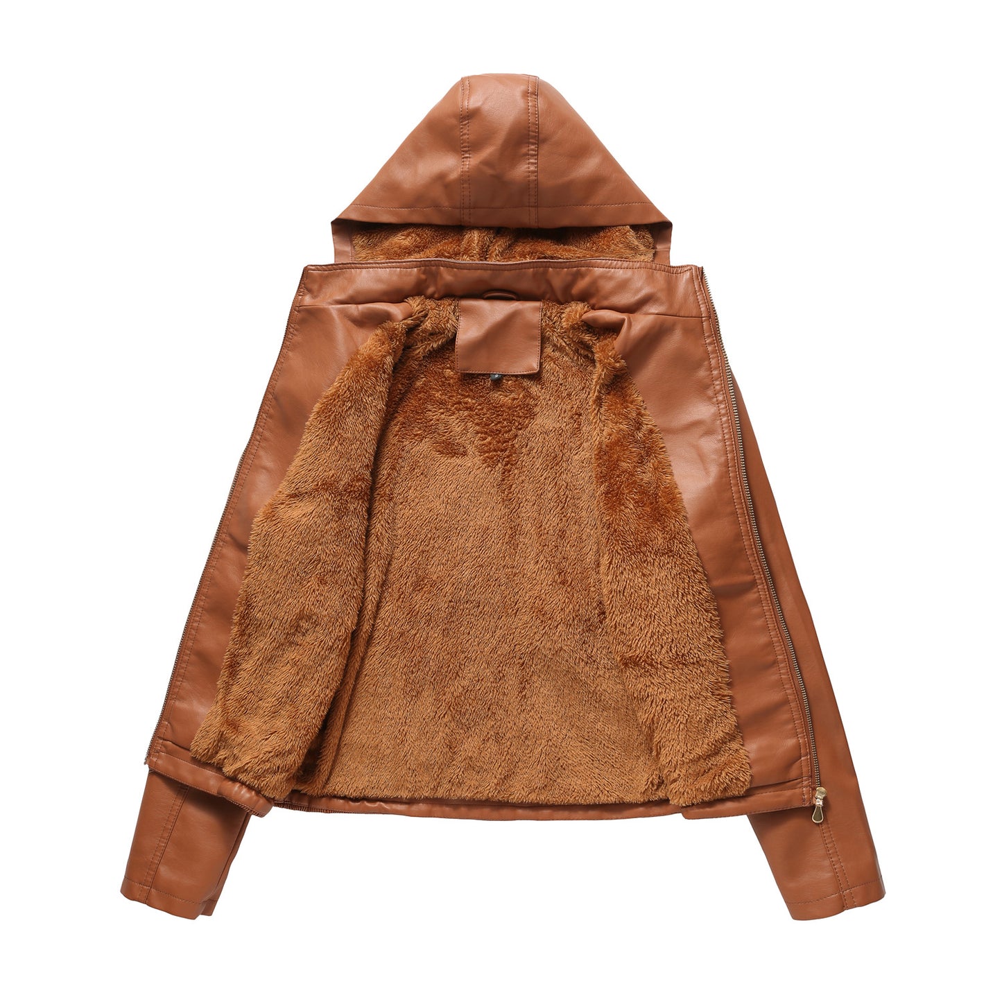 Women's Leather Detachable Hat Zipper Fleece-lined European Jackets