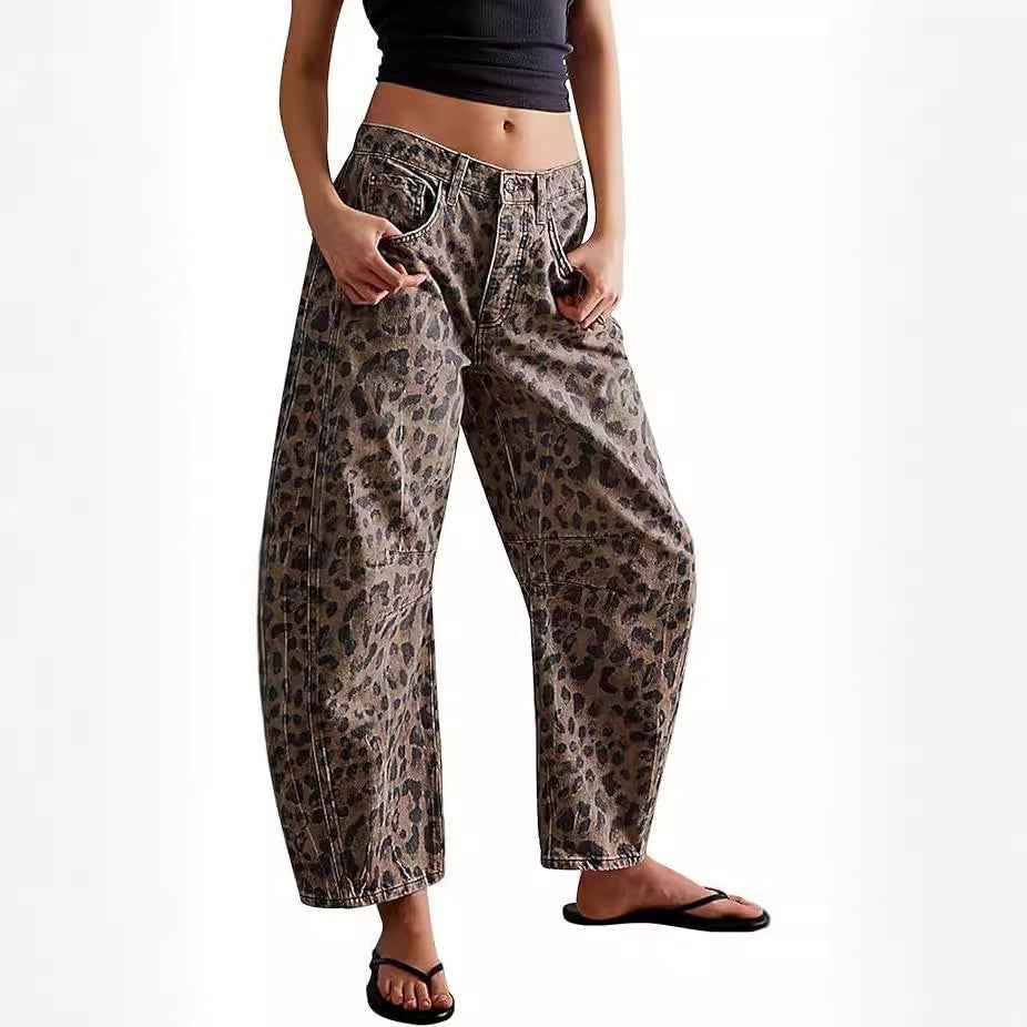 Women's Casual Loose Waist Washed Denim Trousers American Women's Jeans