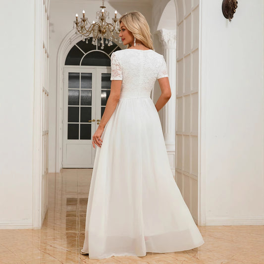 Trim Chiffon Patchwork Waist Long One-piece Wedding Dresses