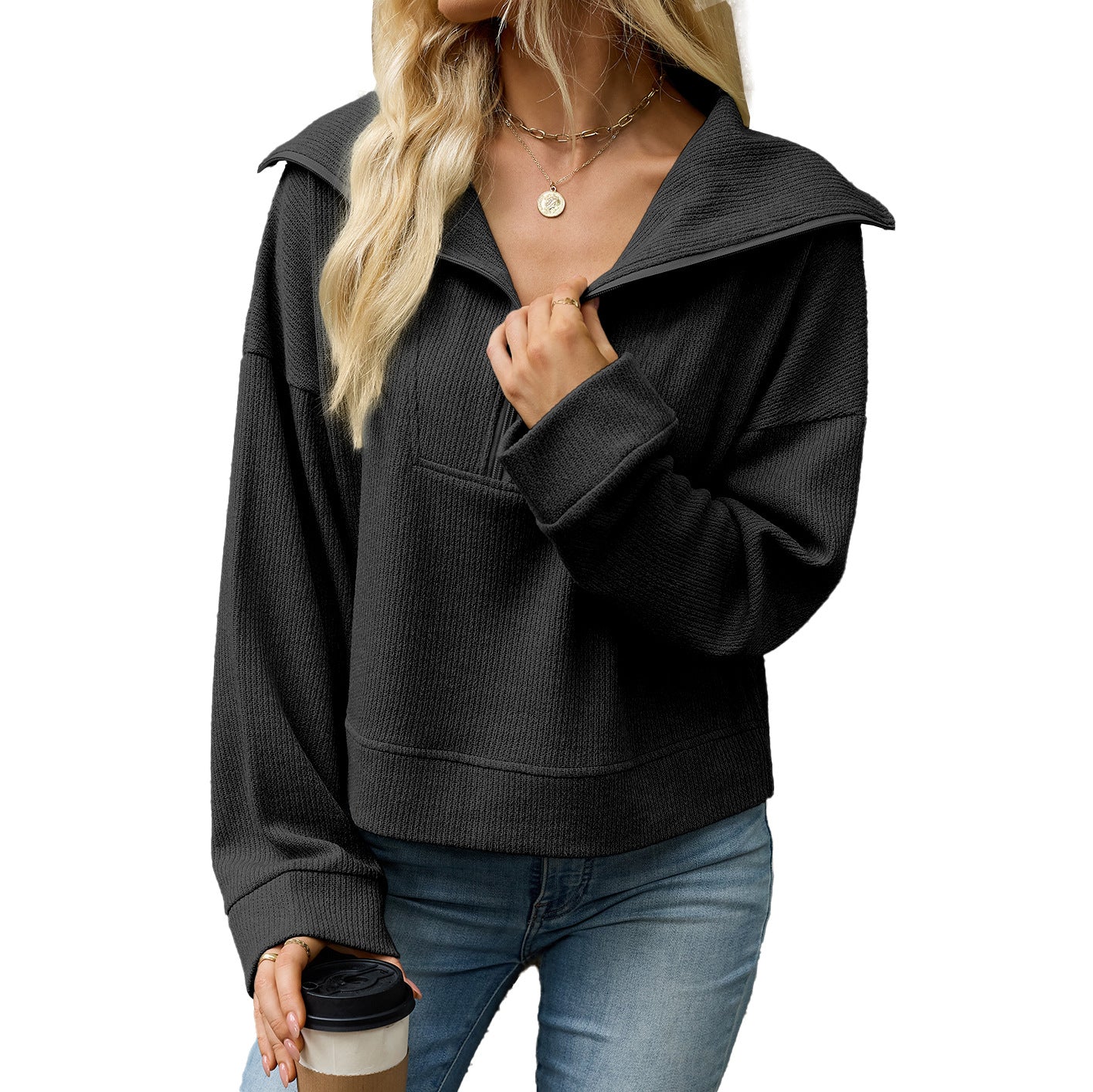 Women's Solid Color Polo Collar Zipper Loose Long Tops