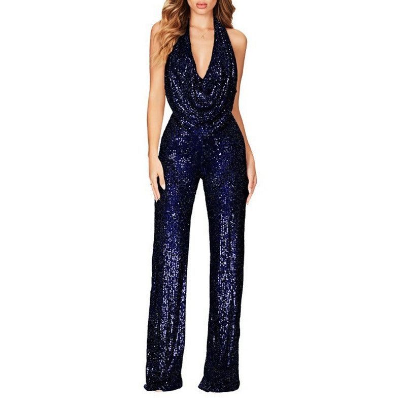 Women's Durable Summer Sleeveless Halter Sequined Jumpsuits