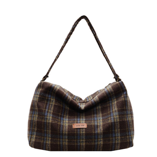 Women's Woolen Plaid Large Capacity Fashion College Shoulder Bags