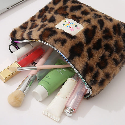 Plush Large Capacity Storage Leopard Print Hand-held Make-up Cosmetic Bags