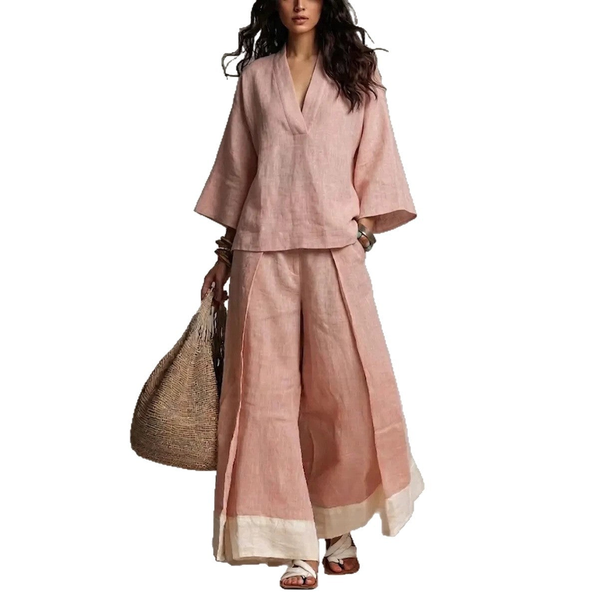 Women's Linen French Style Sleeve Shirt Wide Leg Fashion Casual Suit