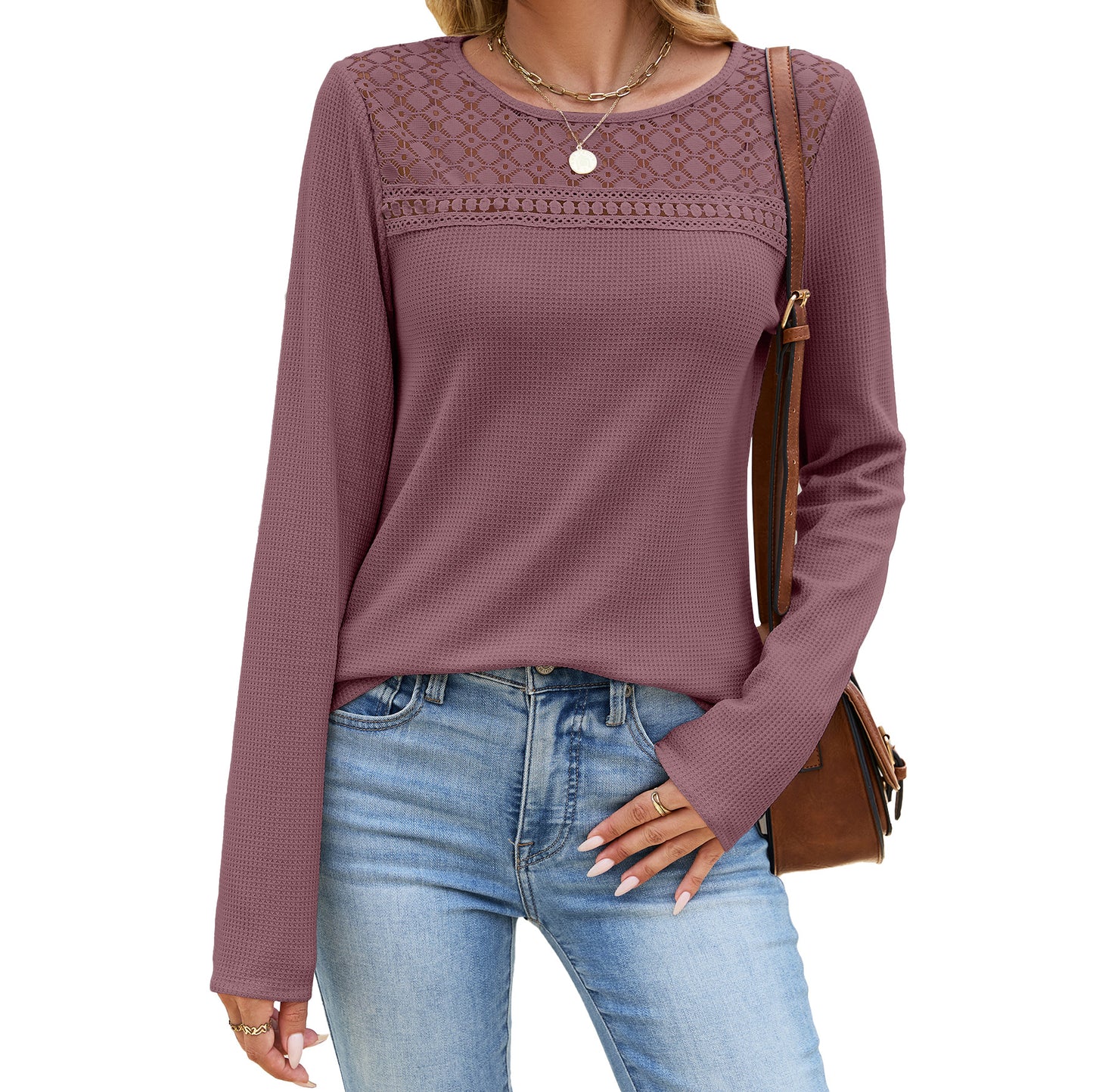 Women's Solid Color Round Neck Lace Stitching Loose Women's T-shirt