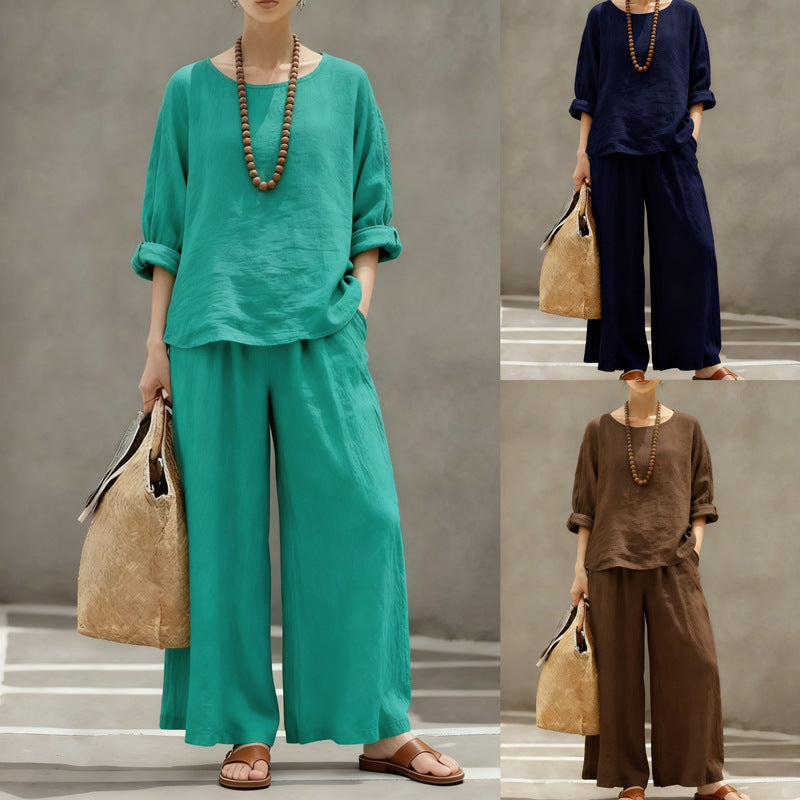 Women's Loose Outfit Cotton Linen Shirt Two-piece Suits
