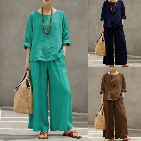 Women's Loose Outfit Cotton Linen Shirt Two-piece Suits