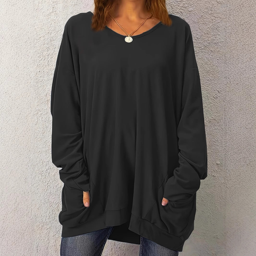 Women's Pullover Long-sleeved Double Pocket Solid Color Tops