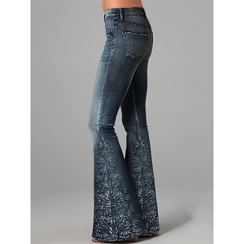 Women's Digital Printing Fashion Slimming Denim Bell-bottom Jumpsuits