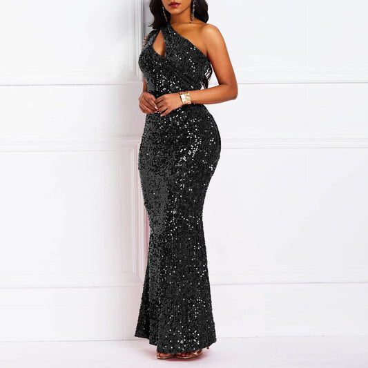 One Shoulder Solid Color Backless Fishtail Dress