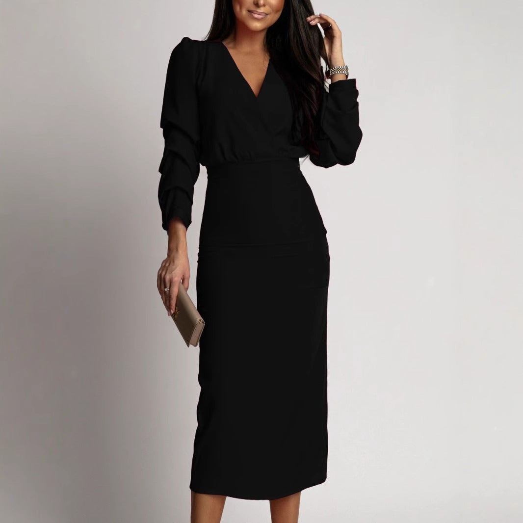 Independent Solid Color Long Sleeve Elegant Dress