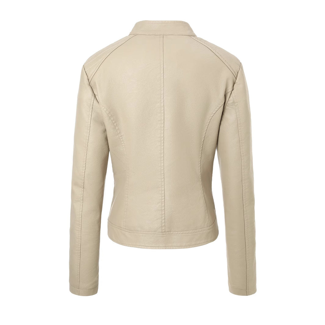 Women's Three-color Stand Collar Zipper Leather Pocket Jackets