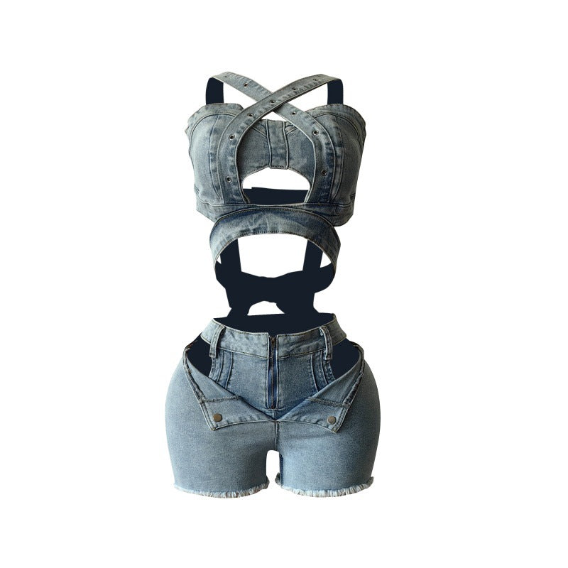 Charming Denim Set Tube Strap Stretch Tops