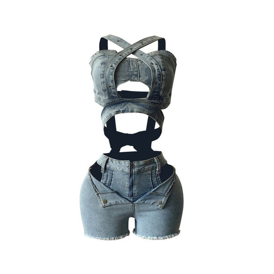 Charming Denim Set Tube Strap Stretch Tops