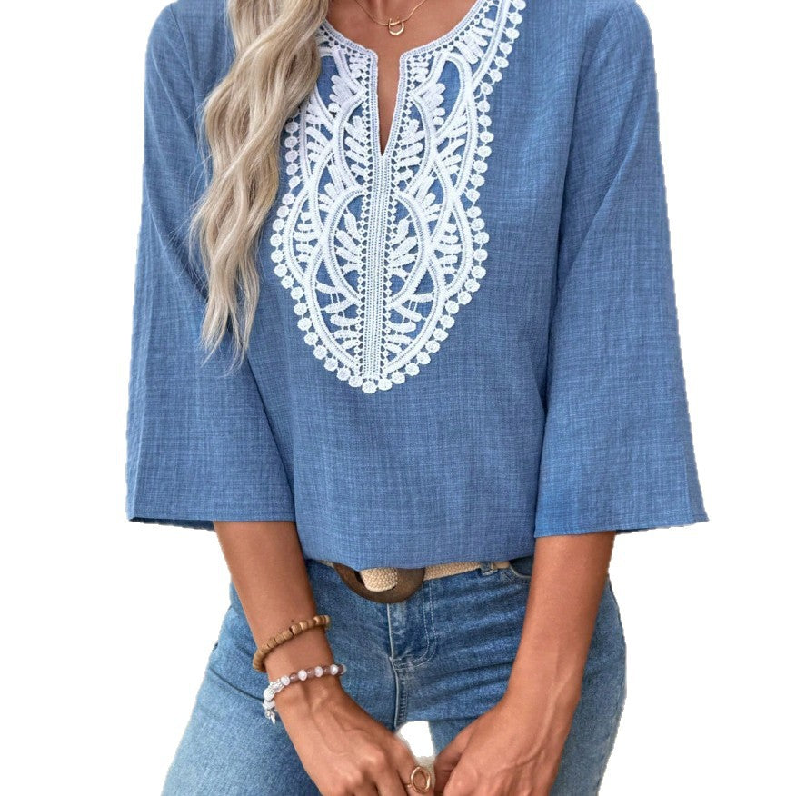 Women's Loose Solid Color Lace Stitching Sleeve Women's T-shirt