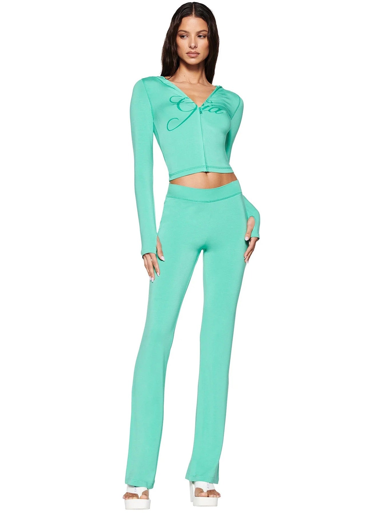 Women's Hooded Long Sleeve Thumb Hole Slightly Flared Two-piece Suits