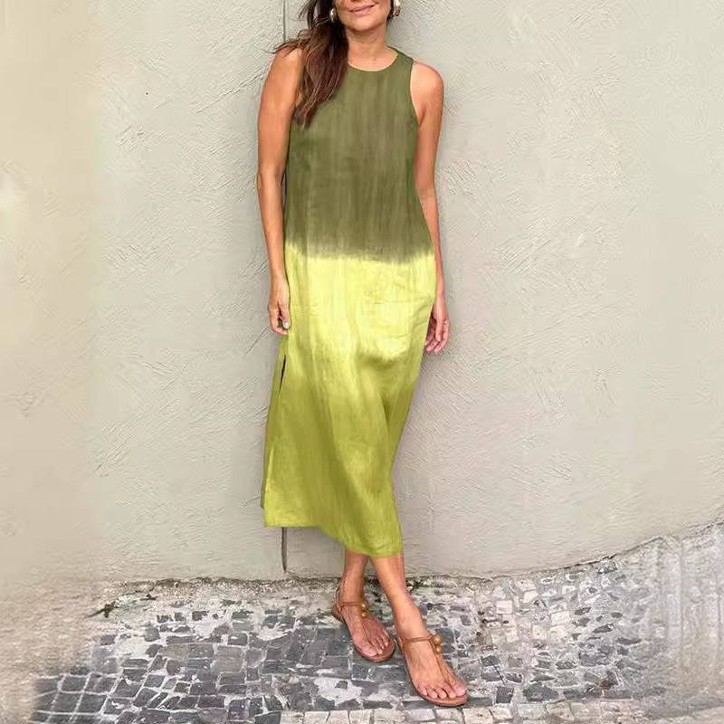 Women's Summer Casual Cotton Linen Sleeveless Slit Dress