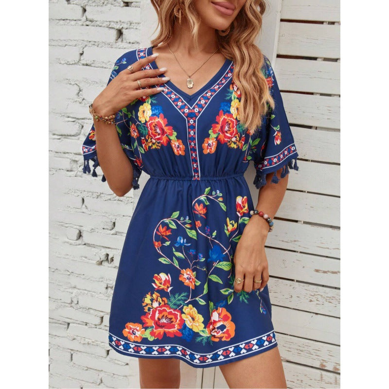Bohemian Retro Ethnic Style Tassel Print Dress