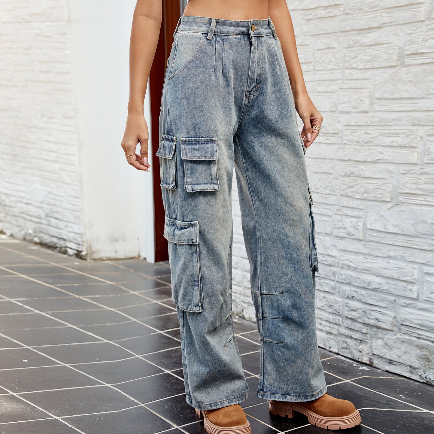 Women's Washed Half Elastic Loose Denim Overalls Women's Jeans