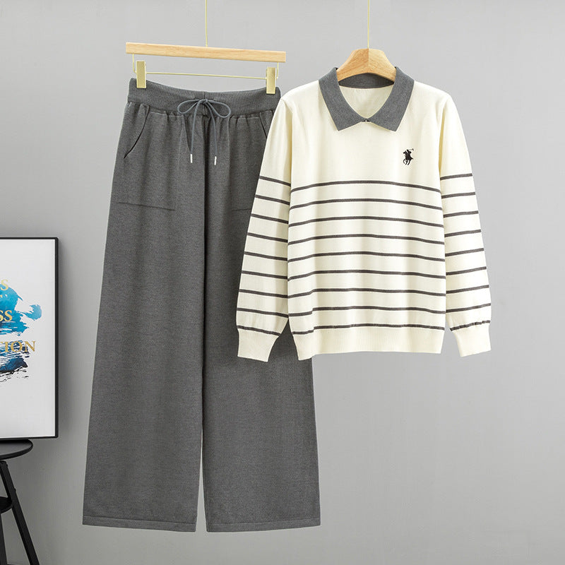 Women's Polo Collar Striped Knitting Loose Temperament Suits