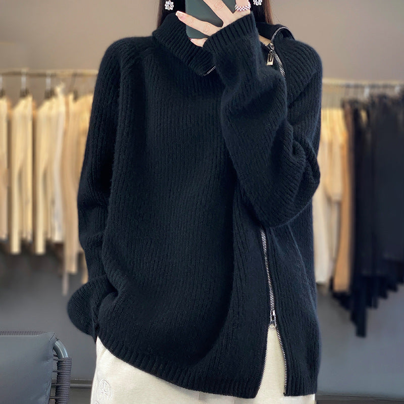 Women's Zip Loose Long Sleeve Regular Idle Knitwear