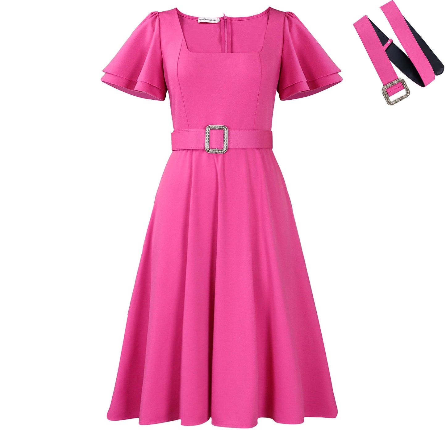 Women's Fashion Flared Sleeves Square Collar High Waist Pure Dress