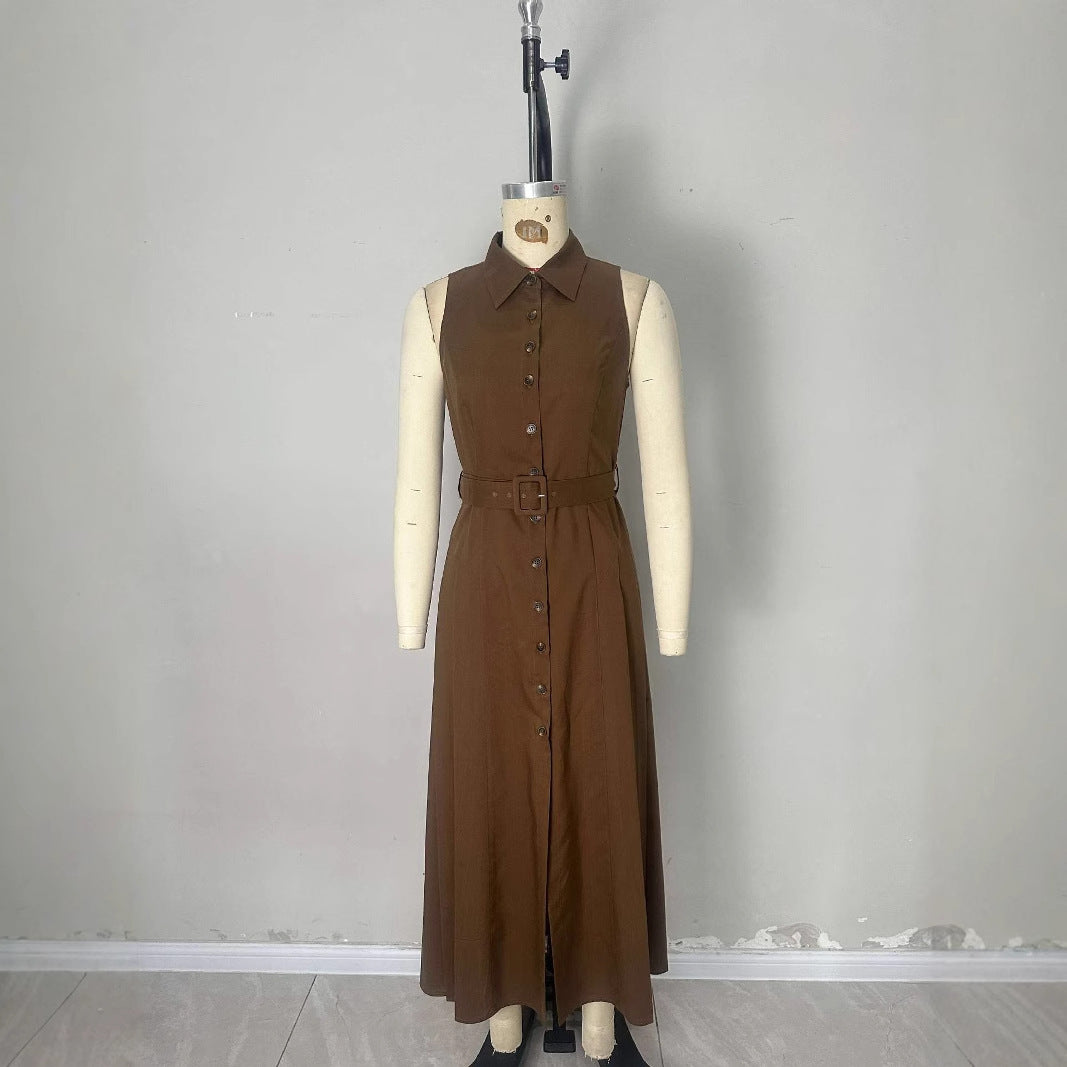 Sleeveless Solid Color Waist Tight Shirt Dresses