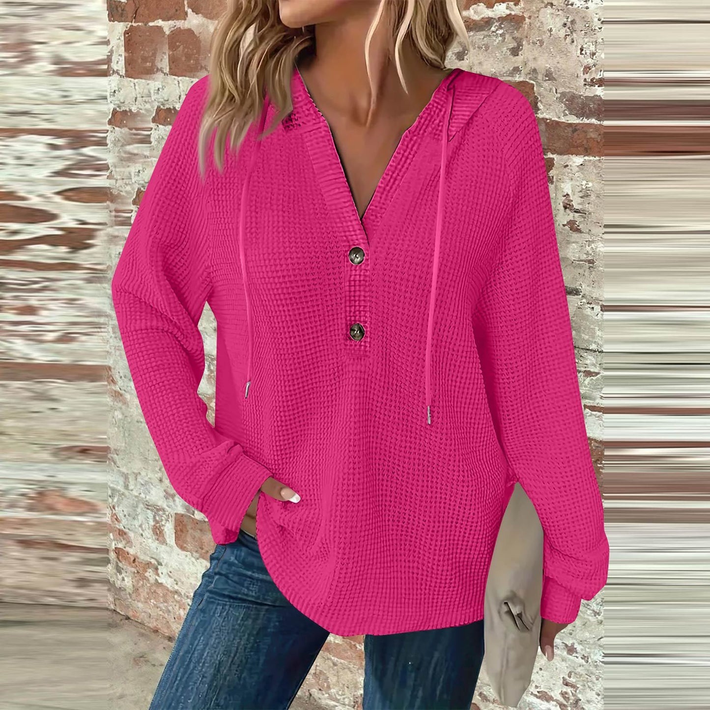 Women's Hoodie Waffle Knit Drawstring Button Long Sleeve Pullover Leisure Sweaters