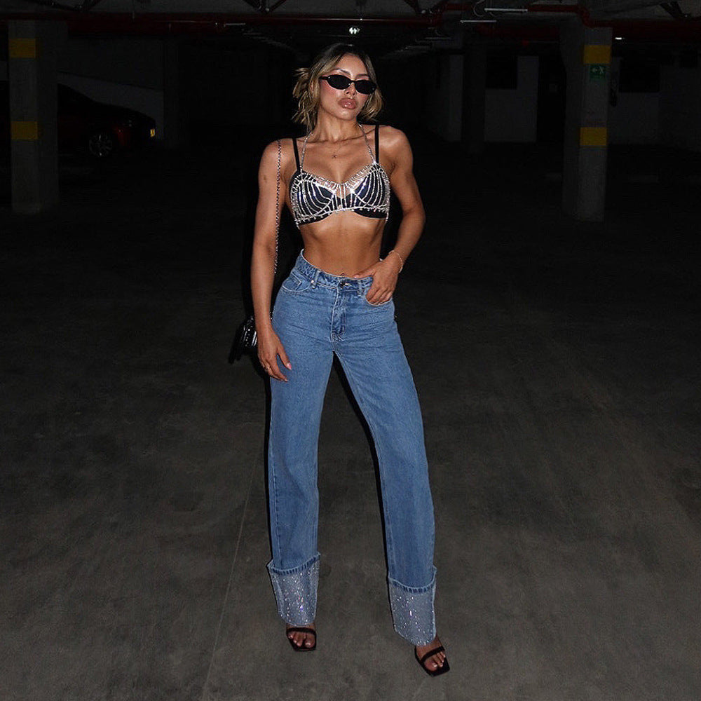 Women's High Waist Hot Design Rhinestone Casual Jeans