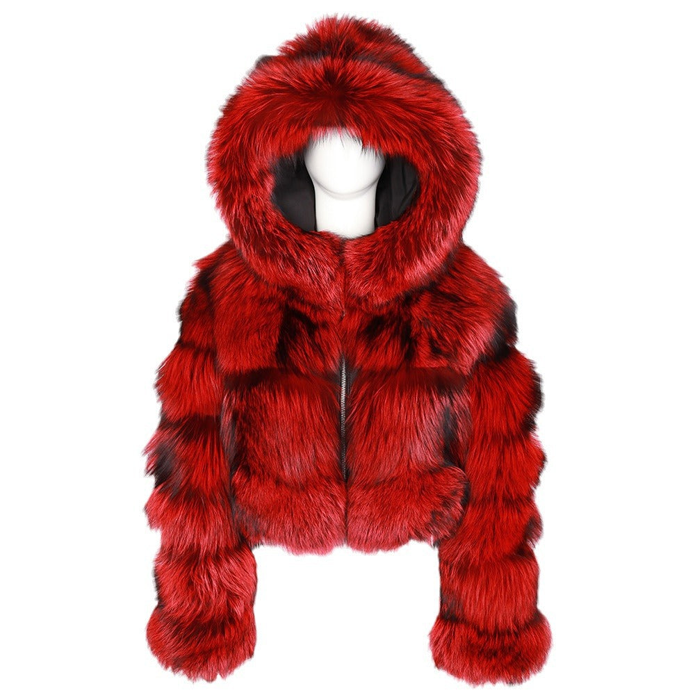 Women's Fur Hooded Faux Imitation Fox Long Coats