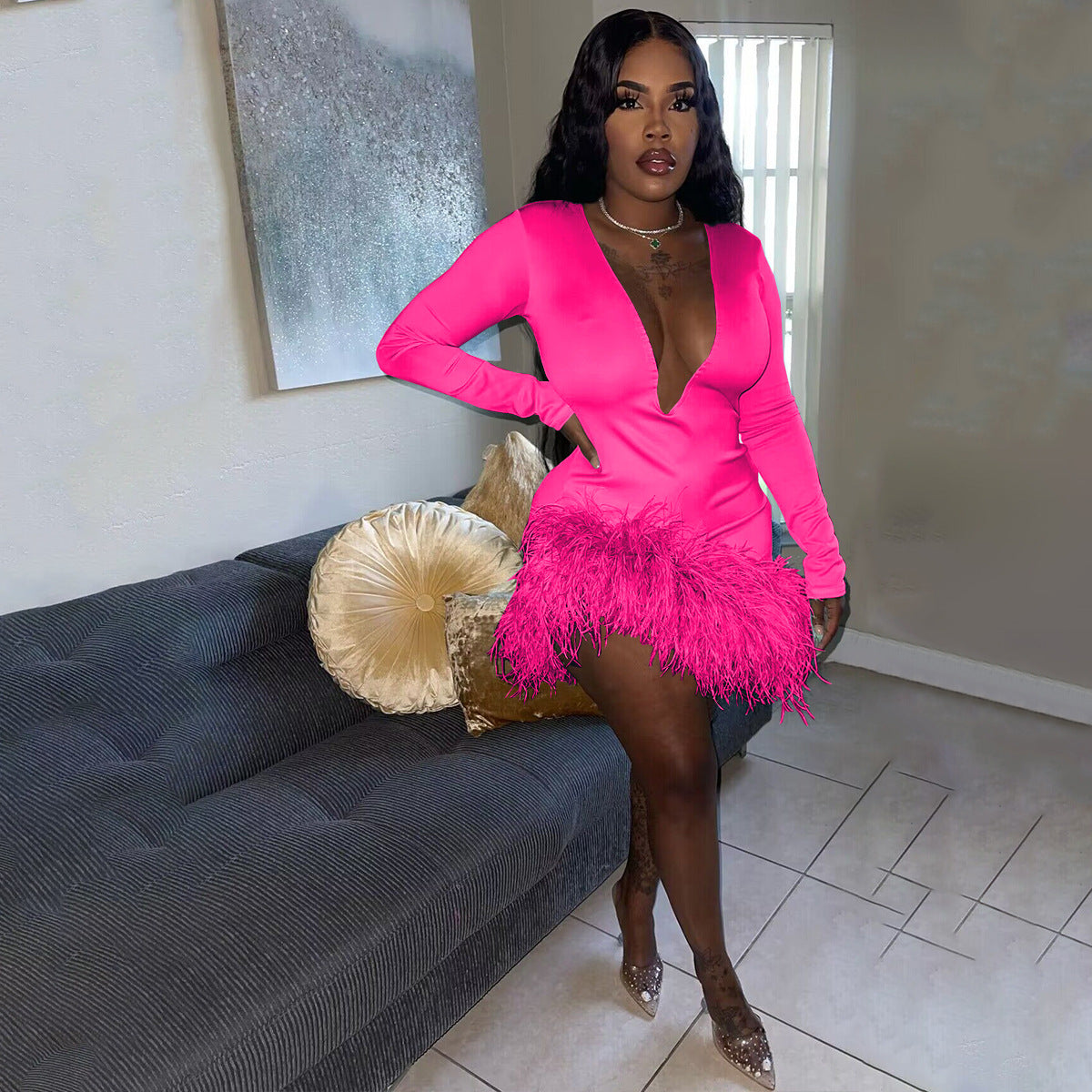 Beautiful Glamorous Fashion Sexy Fur Fringe Dress