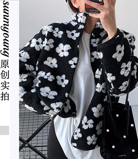 Jacquard Little Flower Grain Plush Zipper Jackets