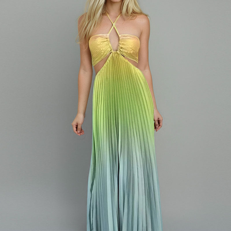 Women's Color Halter Pleated Fashion Long Beach Skirts