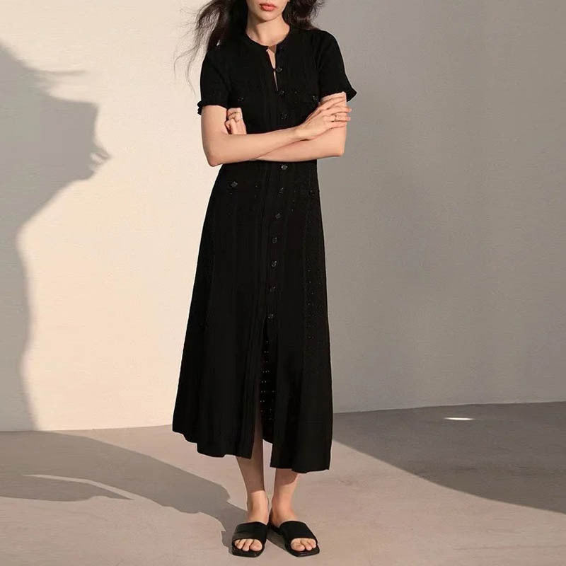 Sleeve Knitted Slit Dress Hollow Single Sweaters