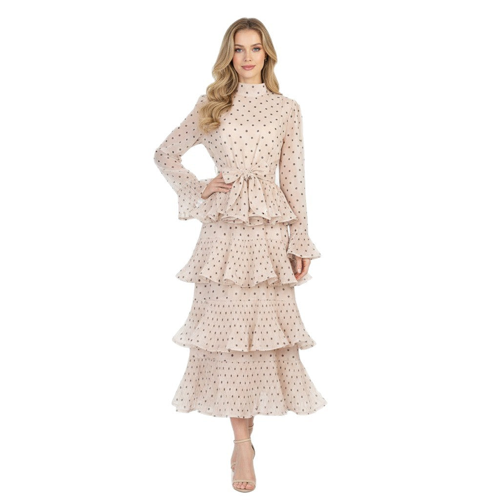Flared Long Sleeve Stand-up Collar Tie Waist Dresses