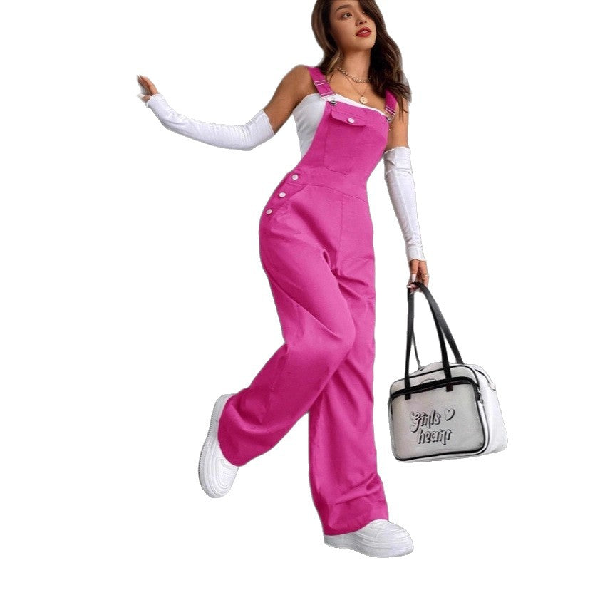 Women's Side Button High Waist Loose Wide Legs One-piece Trousers Slimming Pants