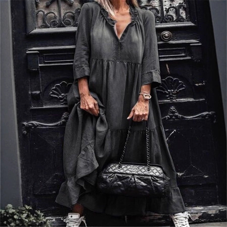 Washed Denim Mid-length Pleating Swing Long Dresses