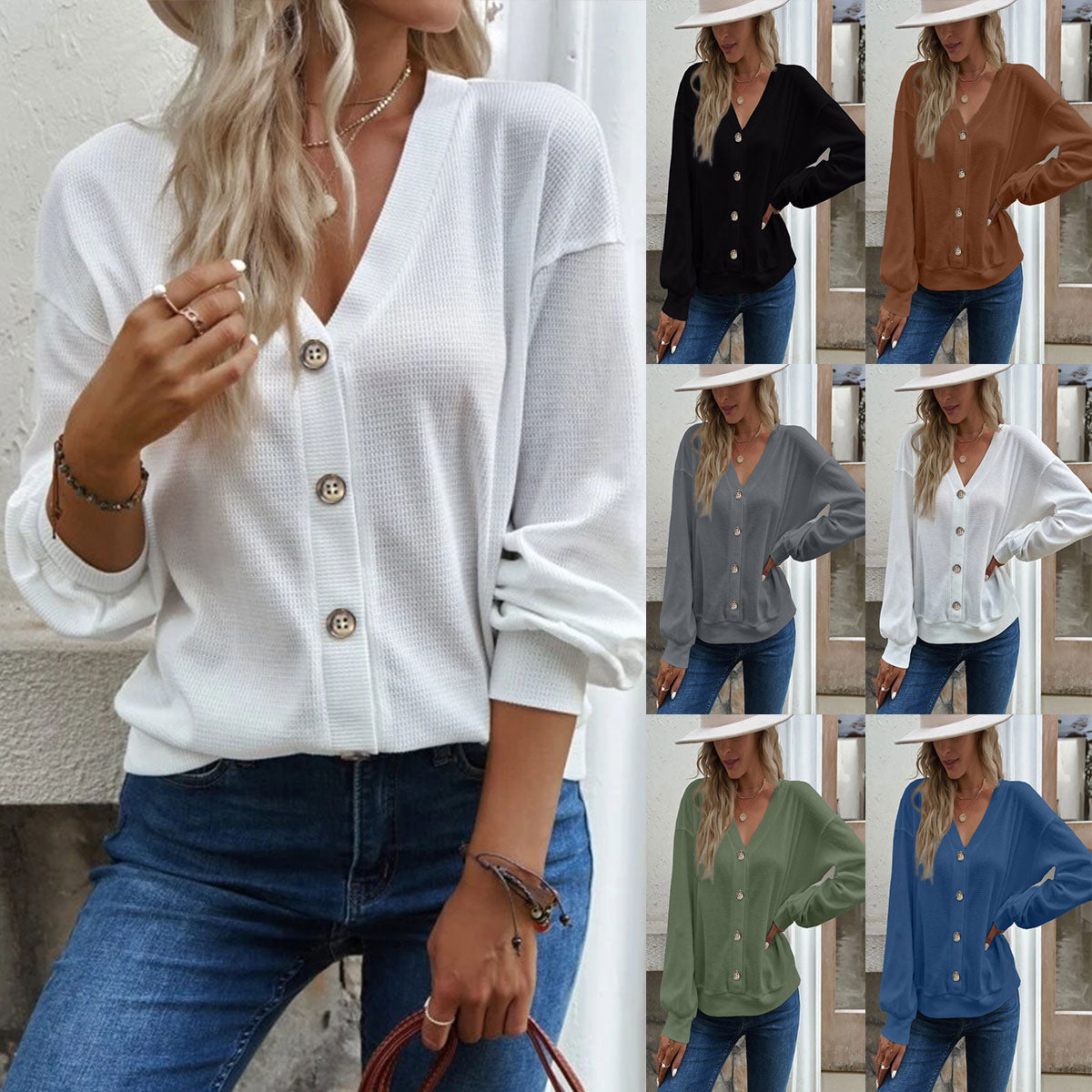 Women's Solid Color Buttons Loose Long-sleeved T-shirt Women's Sweater, Sweater