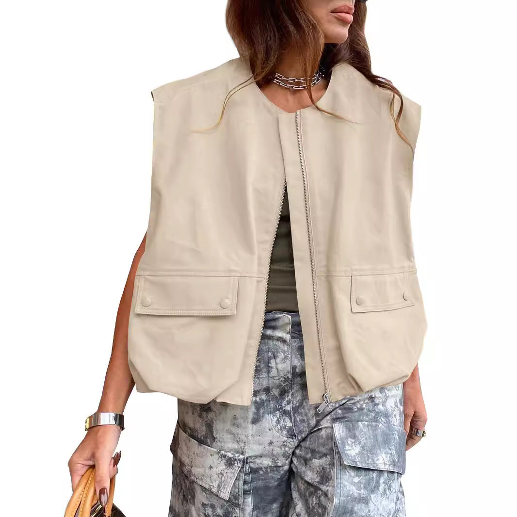 Women's Sleeveless Pocket Loose-fitting Waistcoat Zip Fashion Women's Vest