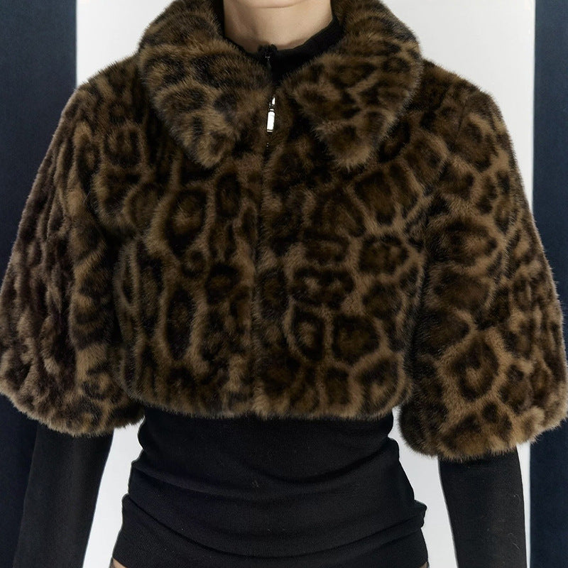 Women's Fashion Polo Collar Leopard Zipper Fur Blouses