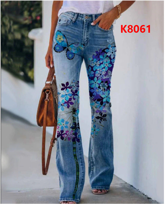 Women's Large Casual Imitation Denim Bell-bottom Floral Women's Jeans