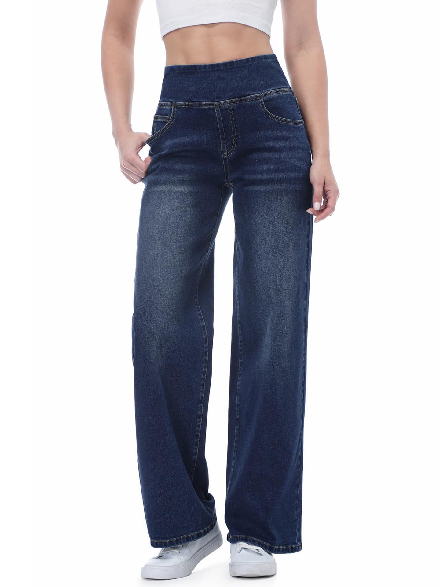Women's Elastic Fashion Belly Contracting Strap Pocket Jeans