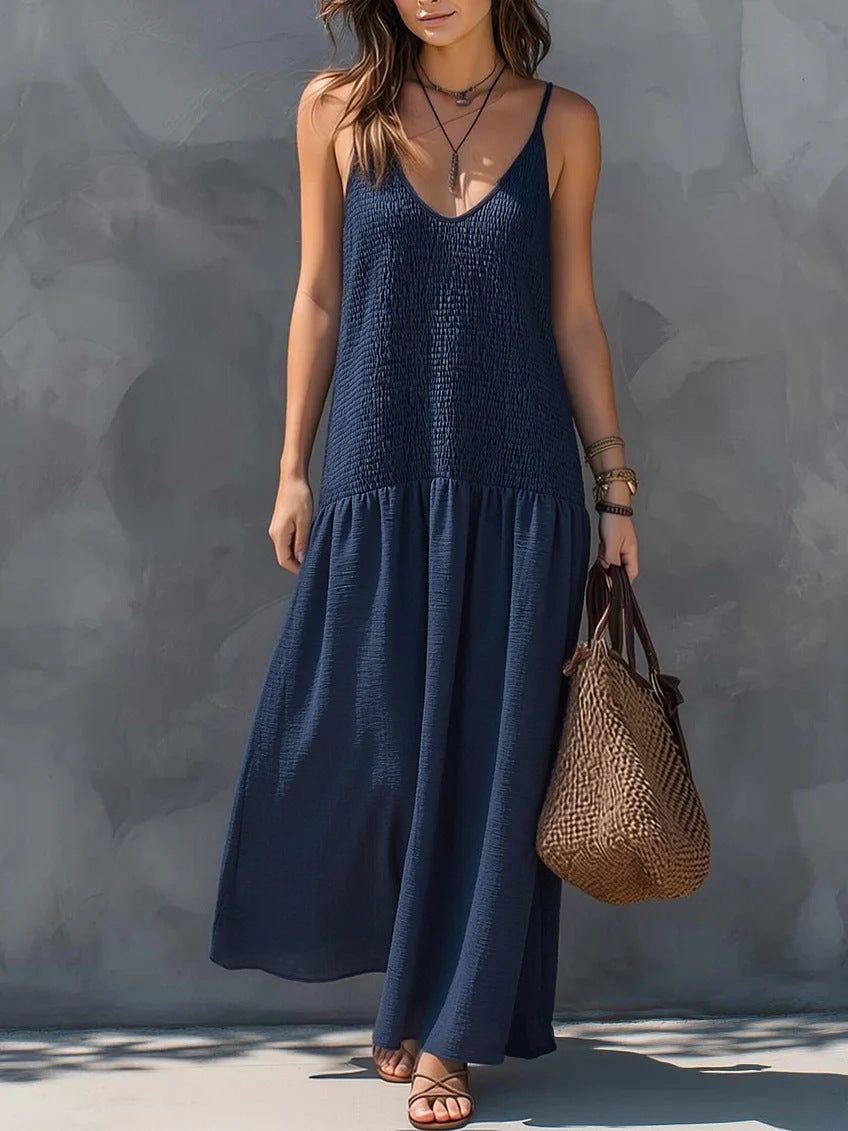 Retro Bohemian Style Backless Smocking Design Strap Long Dress