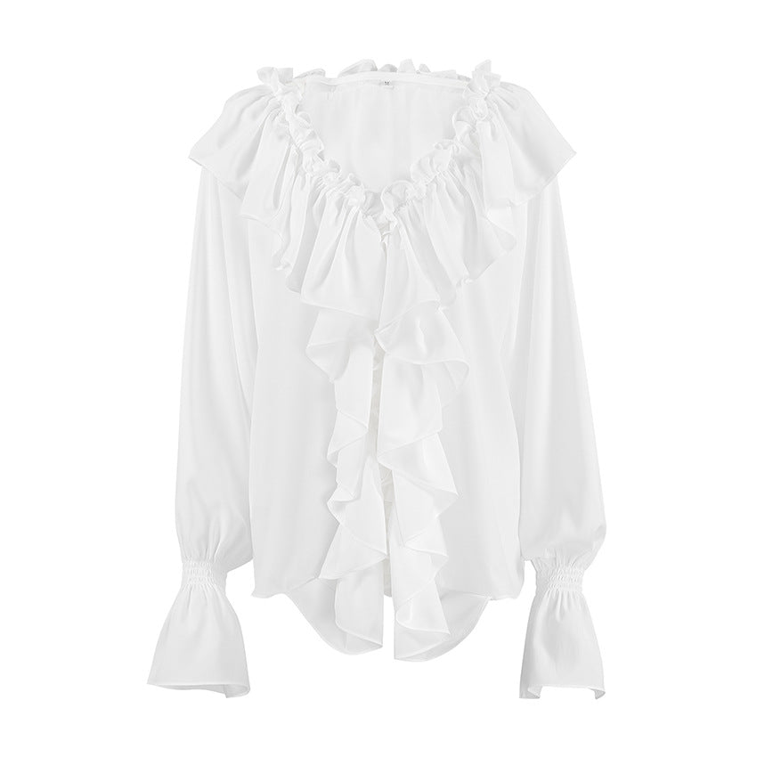 Women's Ruffled White Chiffon Shirt Loose Temperament Flying Blouses