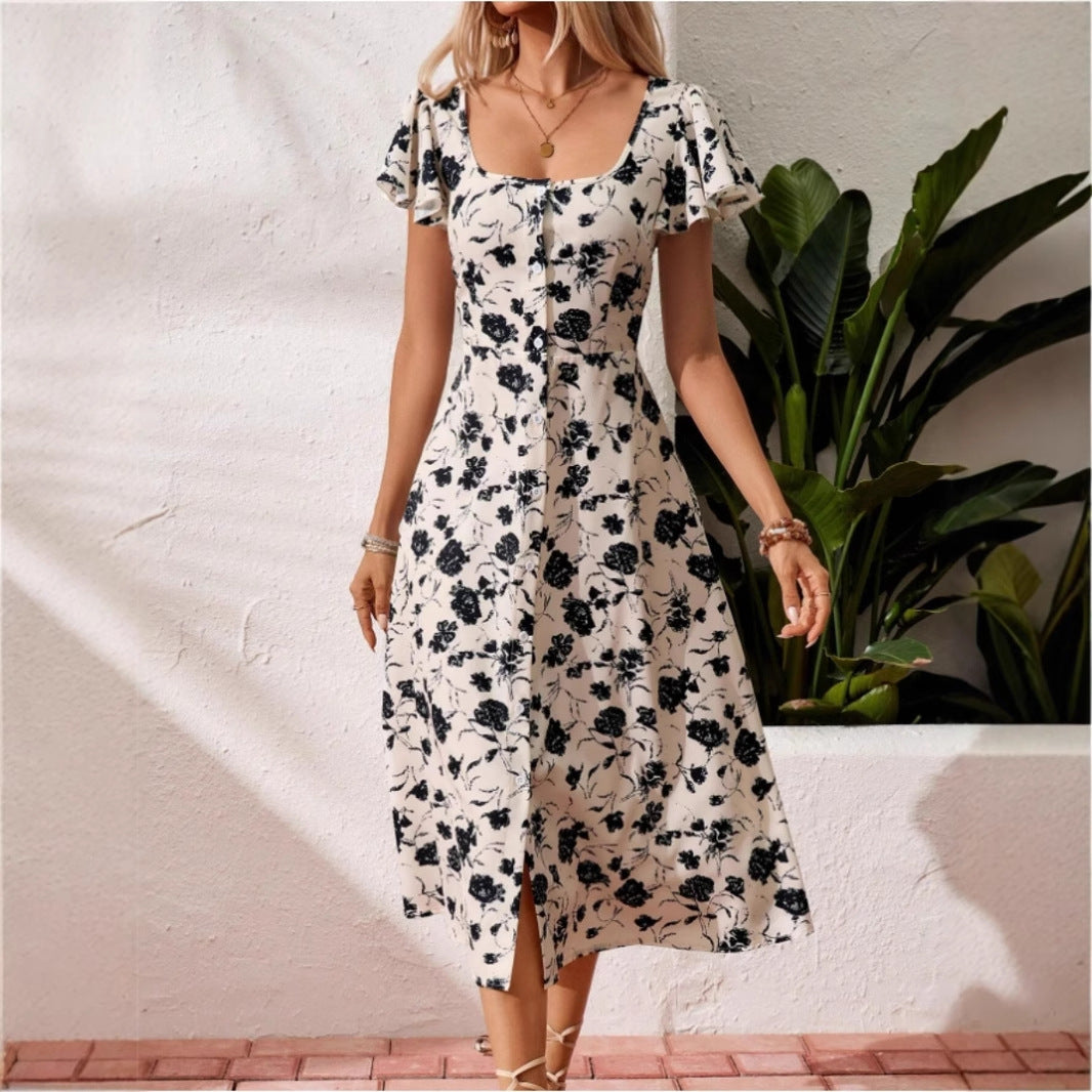 Women's Printed Square Collar Button Bohemian Dress