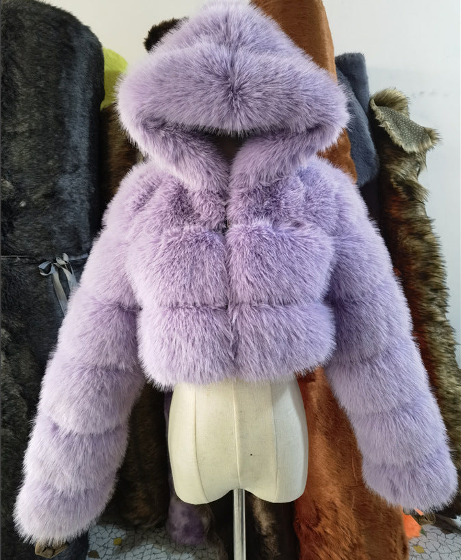 Women's Fur Hooded Faux Imitation Fox Long Coats