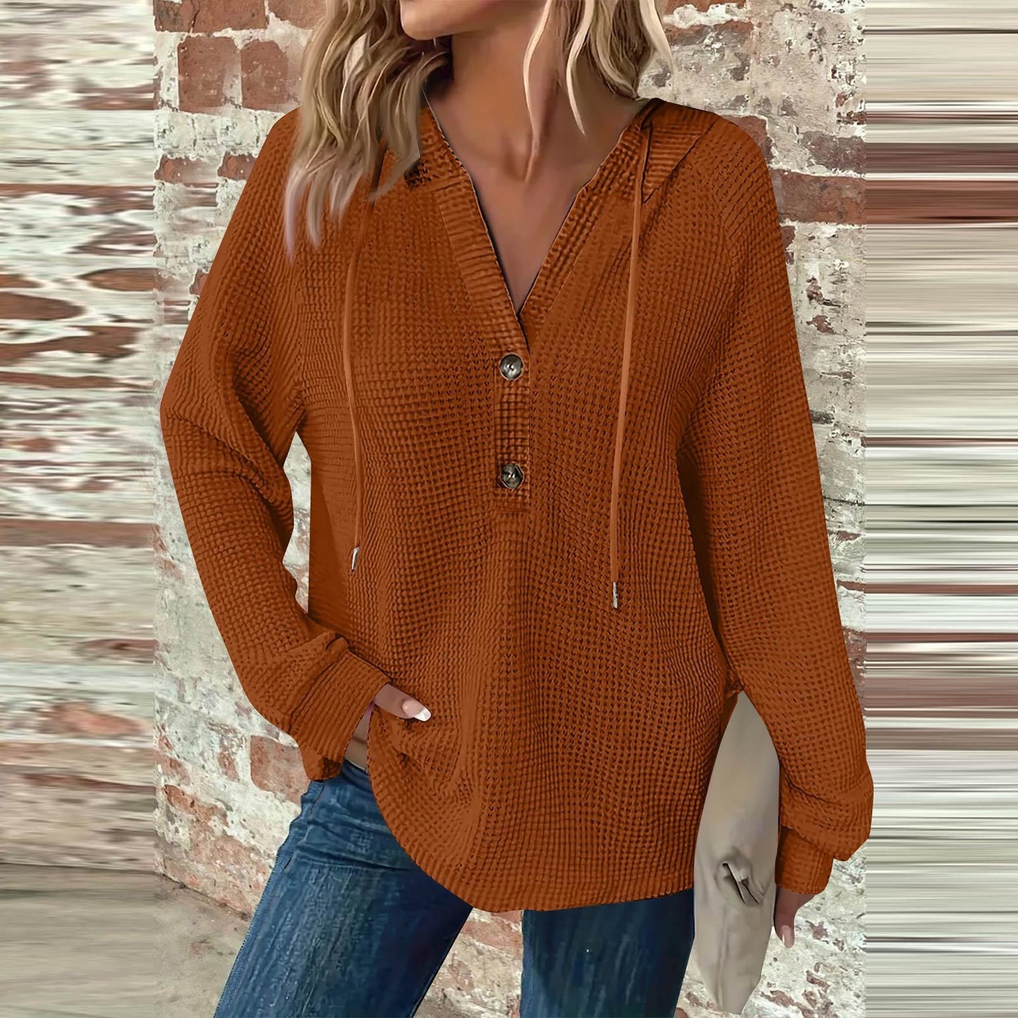 Women's Hoodie Waffle Knit Drawstring Button Long Sleeve Pullover Leisure Sweaters