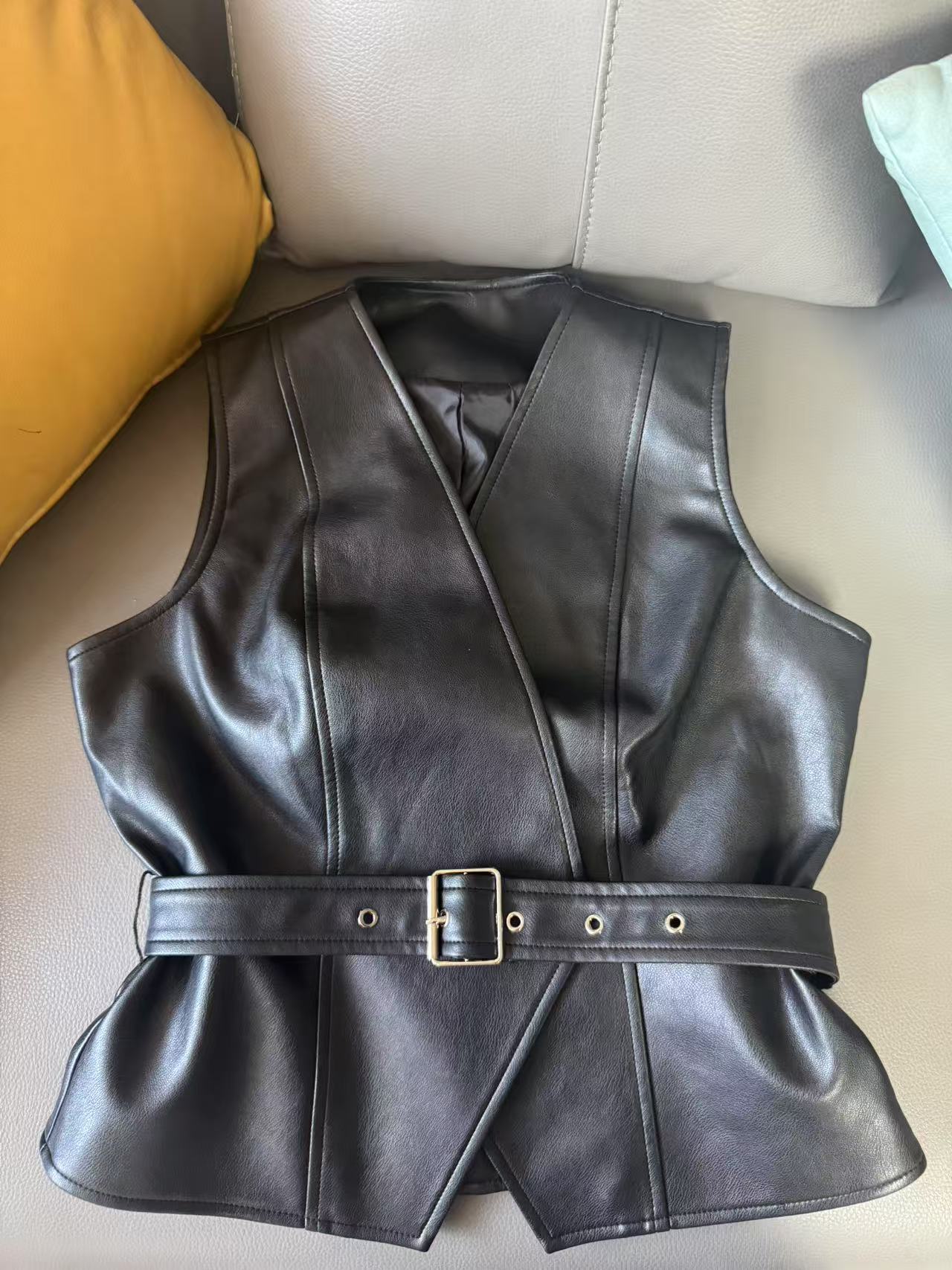 Women's Black Leather Sleeveless Slim Adjustable Belt Bandage Dress Basic Vests